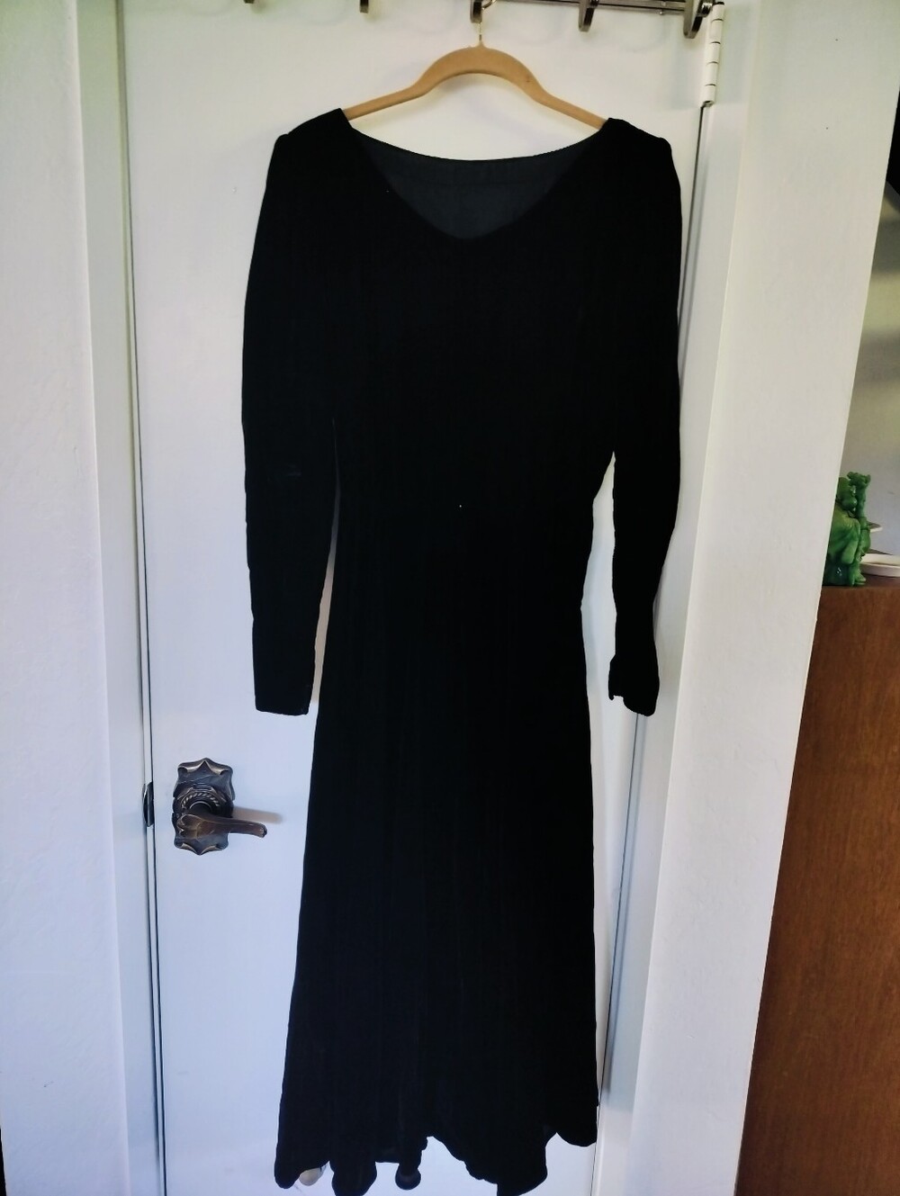 1980s Homemade Black Velvet Long Sleeve Maxi Dress | V-Neck Floor Length Gown